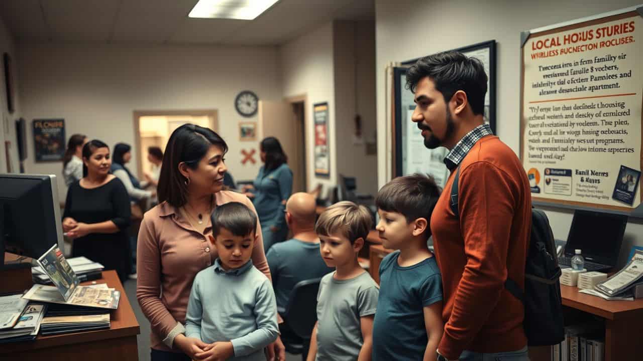 A family of four seeks housing assistance at a local agency. A family of four seeks housing assistance at a local agency.