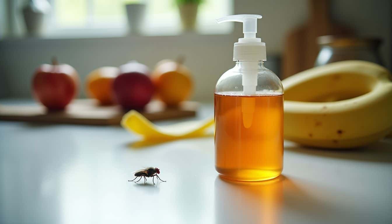 A DIY fruit fly trap on a kitchen countertop surrounded by fruits. A DIY fruit fly trap on a kitchen countertop surrounded by fruits.