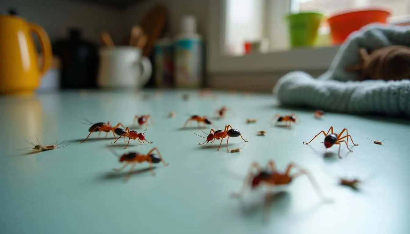 A cluttered kitchen counter with various household bugs present. A cluttered kitchen counter with various household bugs present.