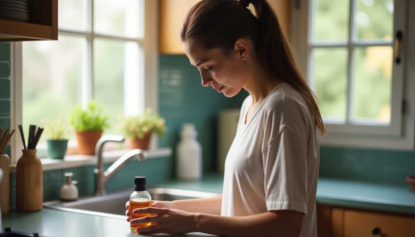 A person applying natural bug repellent in their kitchen. A person applying natural bug repellent in their kitchen.
