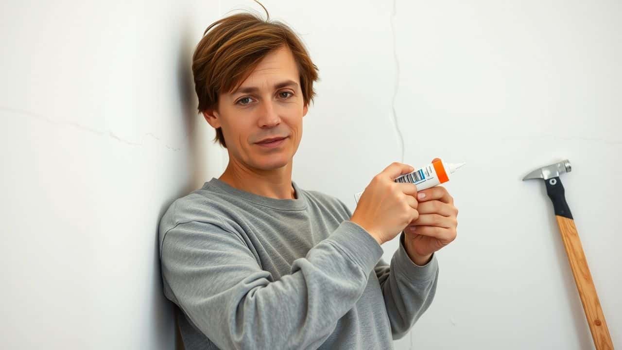 A person is sealing cracks in a wall at home with caulk. A person is sealing cracks in a wall at home with caulk.
