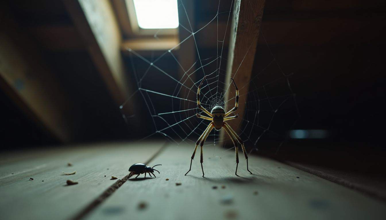 A spider patiently spins a web while a beetle approaches. A spider patiently spins a web while a beetle approaches.