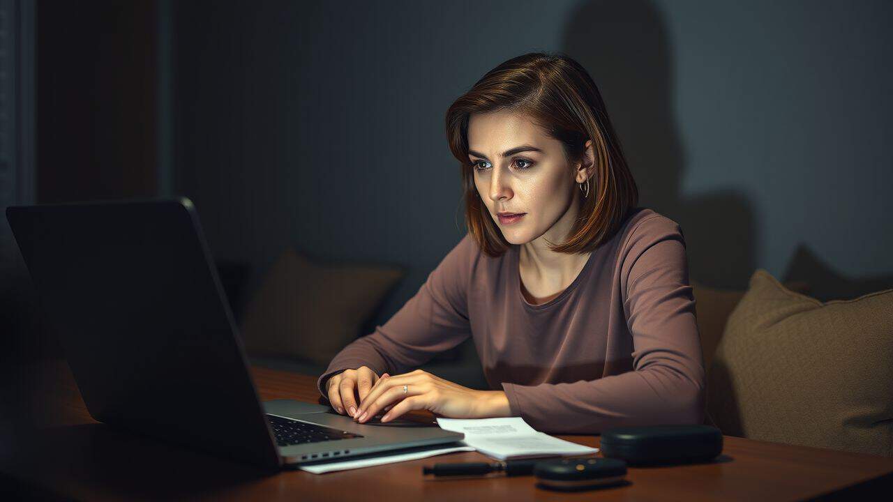 A woman in her 30s discreetly manages her offshore finances at home. A woman in her 30s discreetly manages her offshore finances at home.
