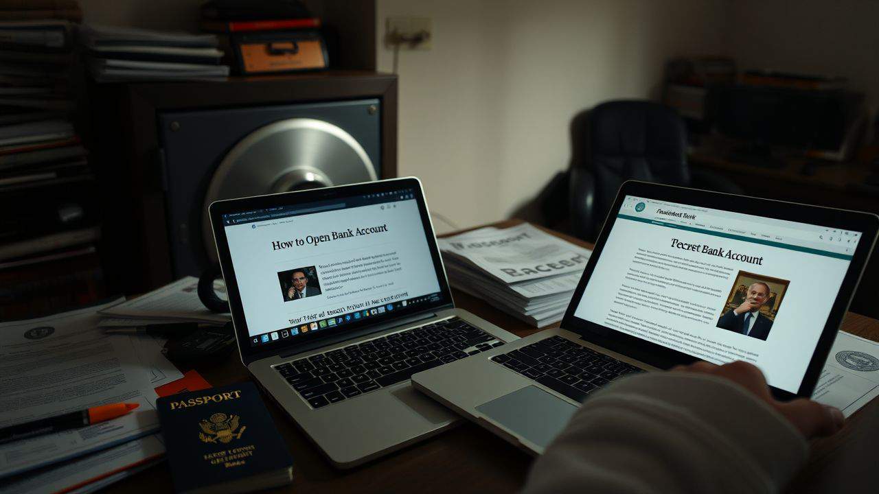A messy desk with bank brochures, legal documents, and a hidden safe. A messy desk with bank brochures, legal documents, and a hidden safe.