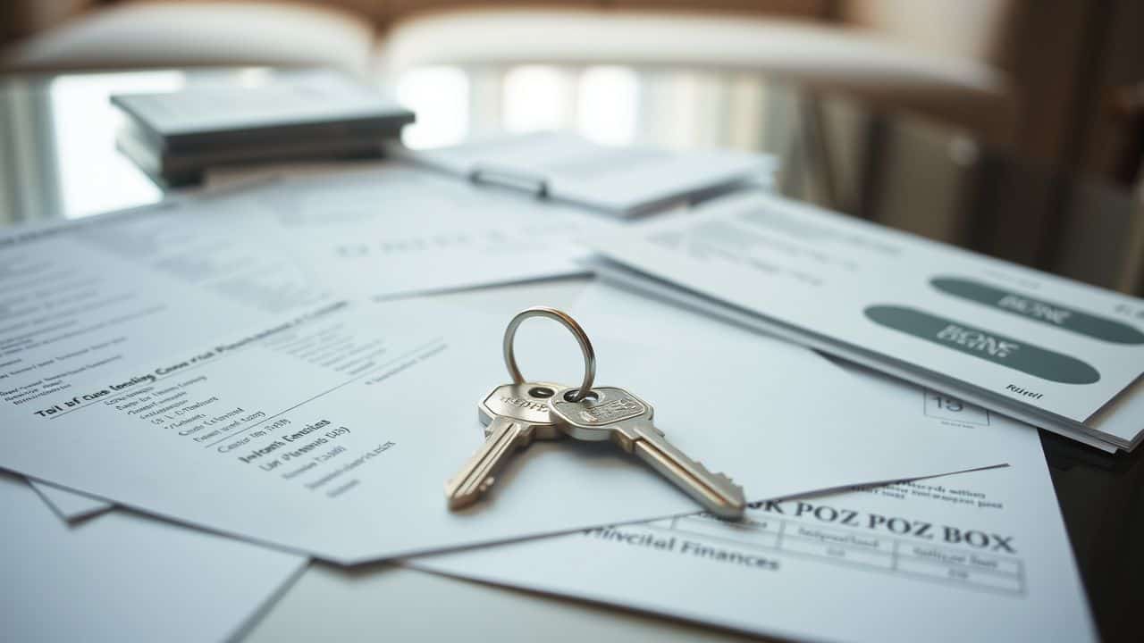 The image shows a P.O. Box key and scattered bank statements. The image shows a P.O. Box key and scattered bank statements.