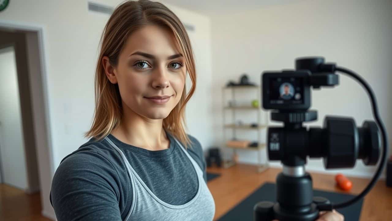 A young woman is filming a workout video in her home gym. A young woman is filming a workout video in her home gym.