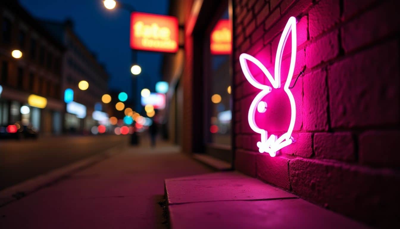 A glowing neon Playboy Bunny tattoo on an urban street at night.