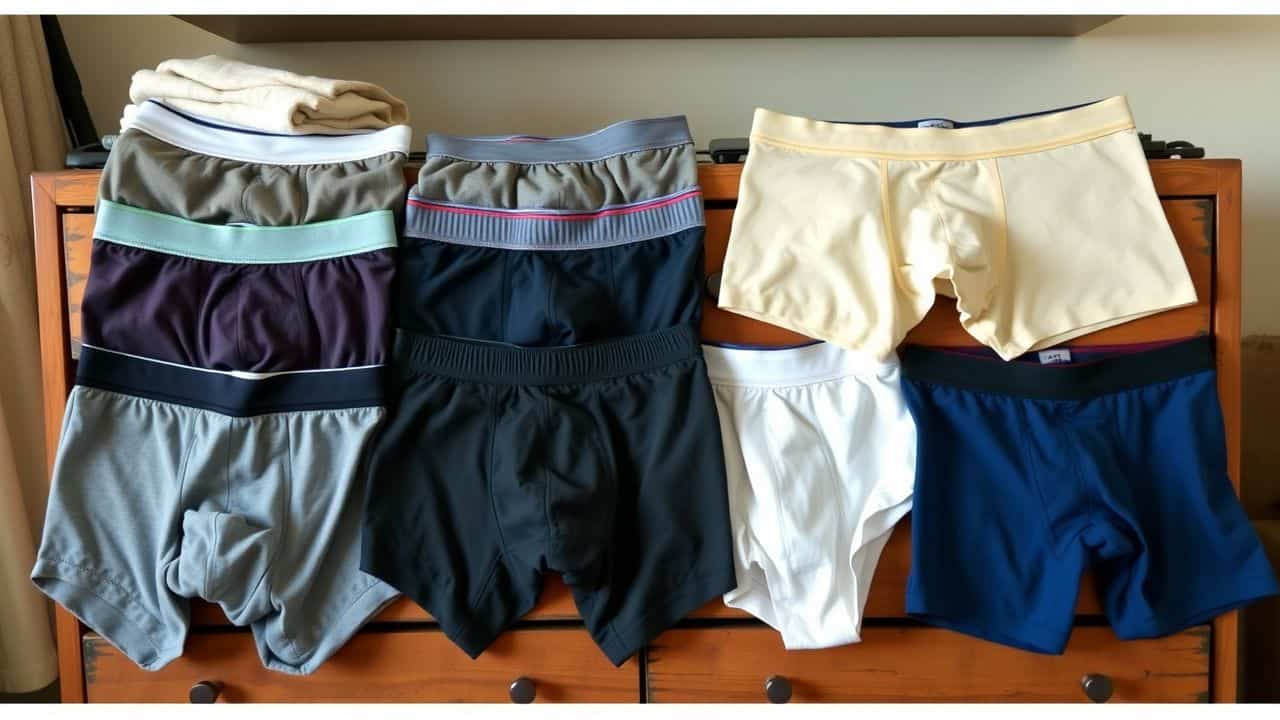 Different styles of men's underwear neatly arranged on a wooden dresser. Different styles of men's underwear neatly arranged on a wooden dresser.