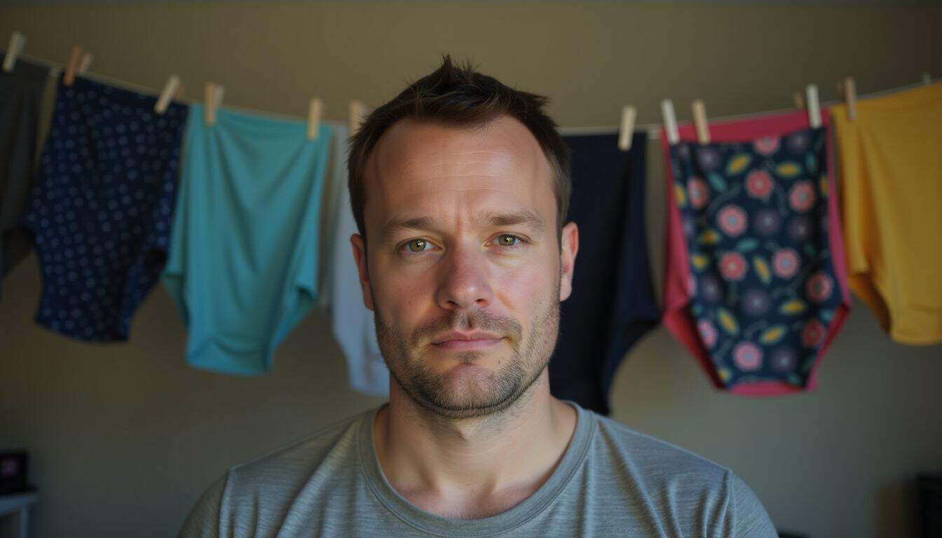 A man in his 30s standing in front of a clothesline with colorful men's underwear. A man in his 30s standing in front of a clothesline with colorful men's underwear.