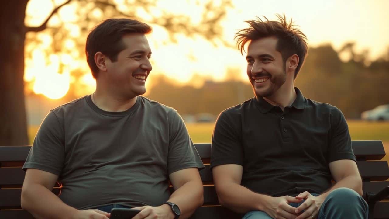 Two men laughing and chatting on a park bench at sunset.