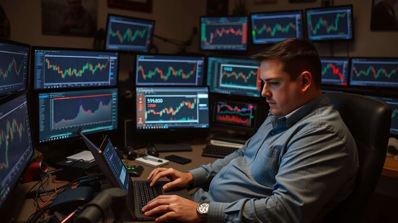 A trader celebrates a successful Bitcoin trade on his cluttered desk. A trader celebrates a successful Bitcoin trade on his cluttered desk.