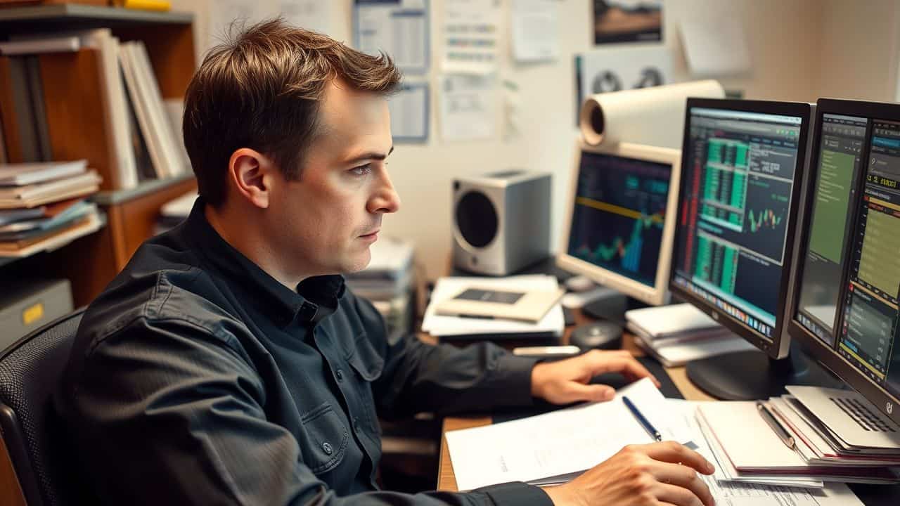 A male trader analyzing slippage at cluttered desk with computer monitors. A male trader analyzing slippage at cluttered desk with computer monitors.