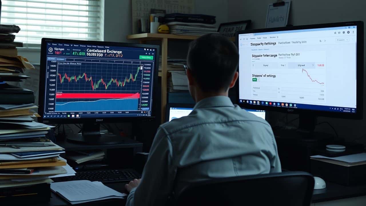 A trader analyzing slippage rates and liquidity on centralized and decentralized exchanges. A trader analyzing slippage rates and liquidity on centralized and decentralized exchanges.