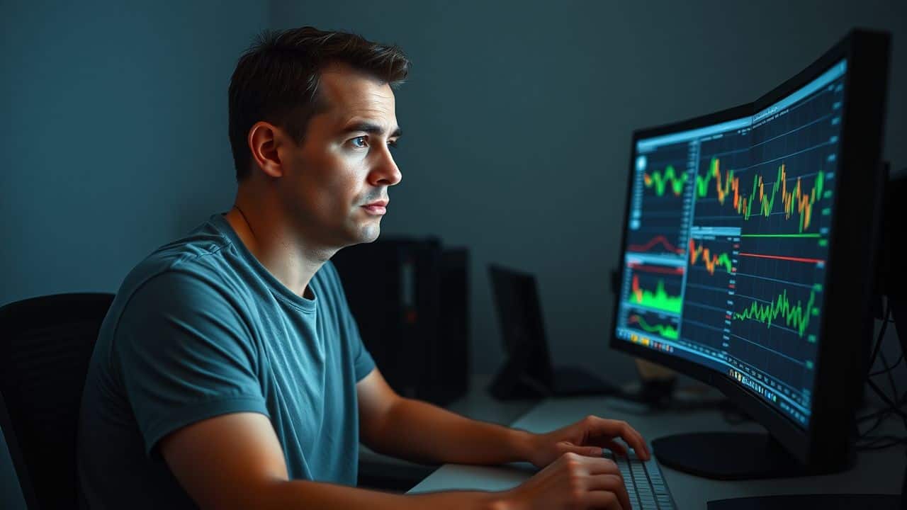A frustrated day trader watches his profits decrease in front of computer charts. A frustrated day trader watches his profits decrease in front of computer charts.