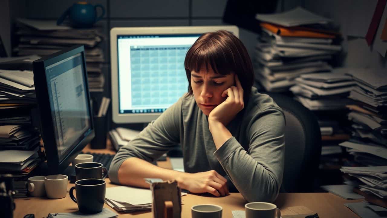 A frustrated person sits at a cluttered desk reacting to cryptocurrency prices. A frustrated person sits at a cluttered desk reacting to cryptocurrency prices.
