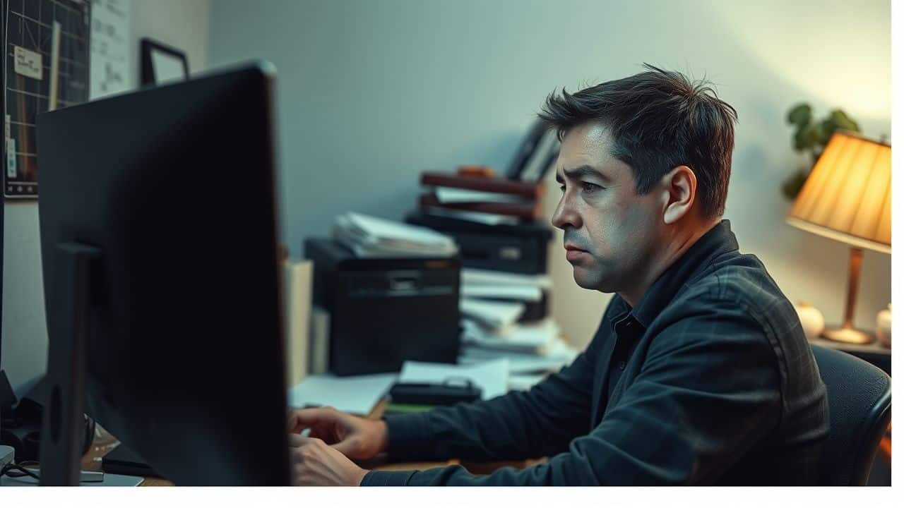 A frustrated trader in a cluttered home office looks at a slow computer screen. A frustrated trader in a cluttered home office looks at a slow computer screen.