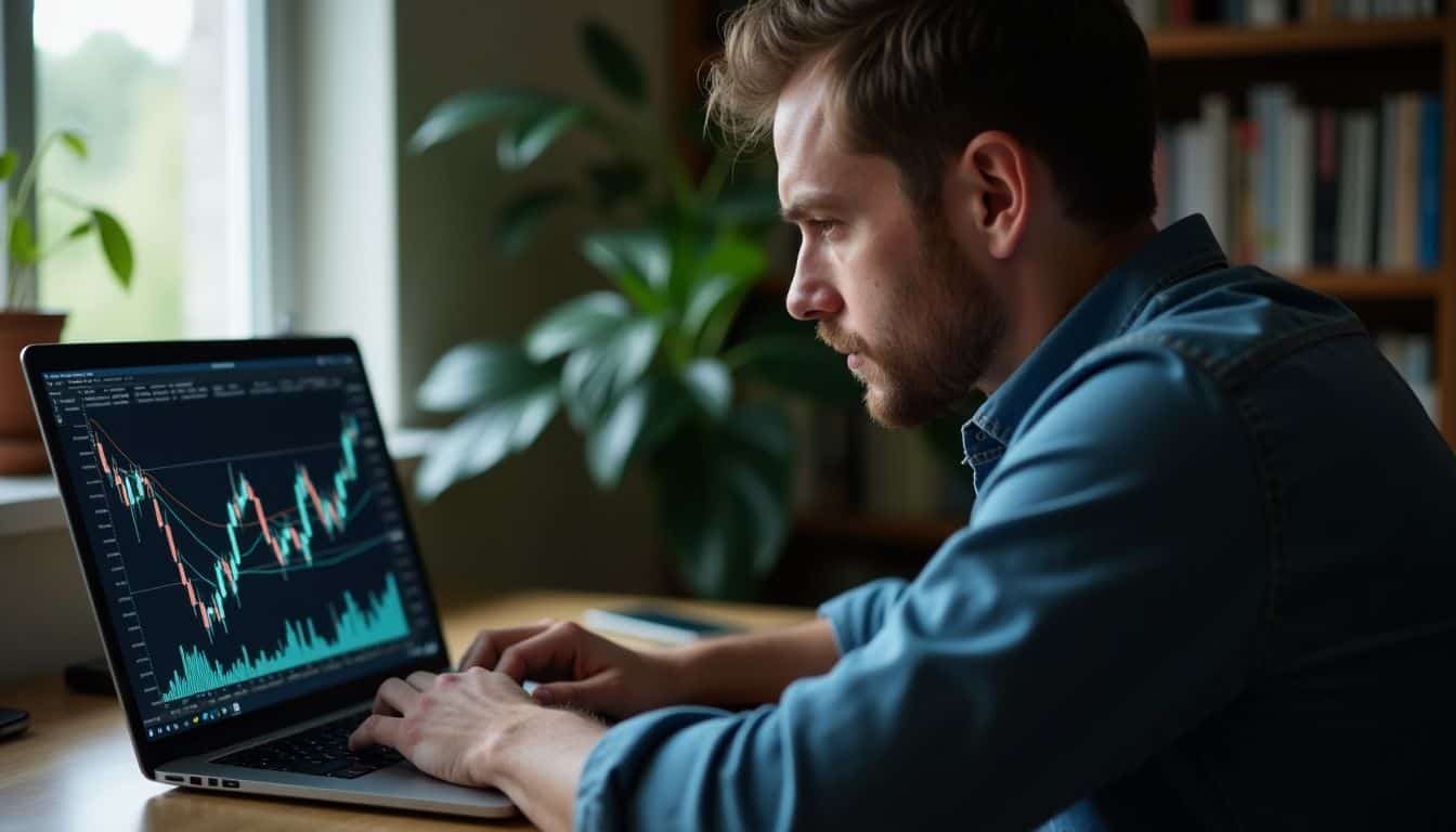 A man in his 30s is focused on trading on his laptop. A man in his 30s is focused on trading on his laptop.