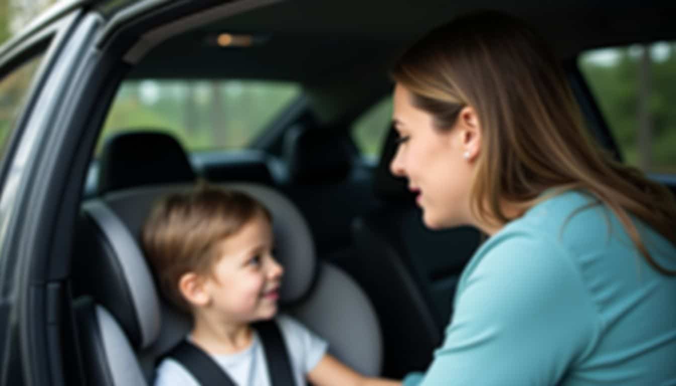 Parent hurriedly securing booster seat in car with focused expression. Parent hurriedly securing booster seat in car with focused expression.