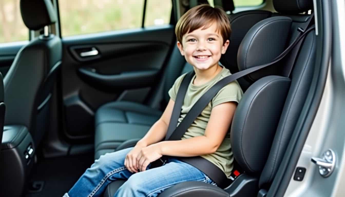 A child sits in a booster seat with proper seat belt placement. A child sits in a booster seat with proper seat belt placement.