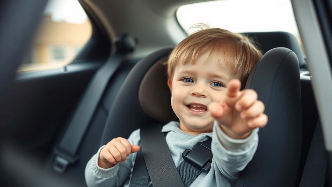 A four-year-old child is happily seated in a car booster seat. A four-year-old child is happily seated in a car booster seat.