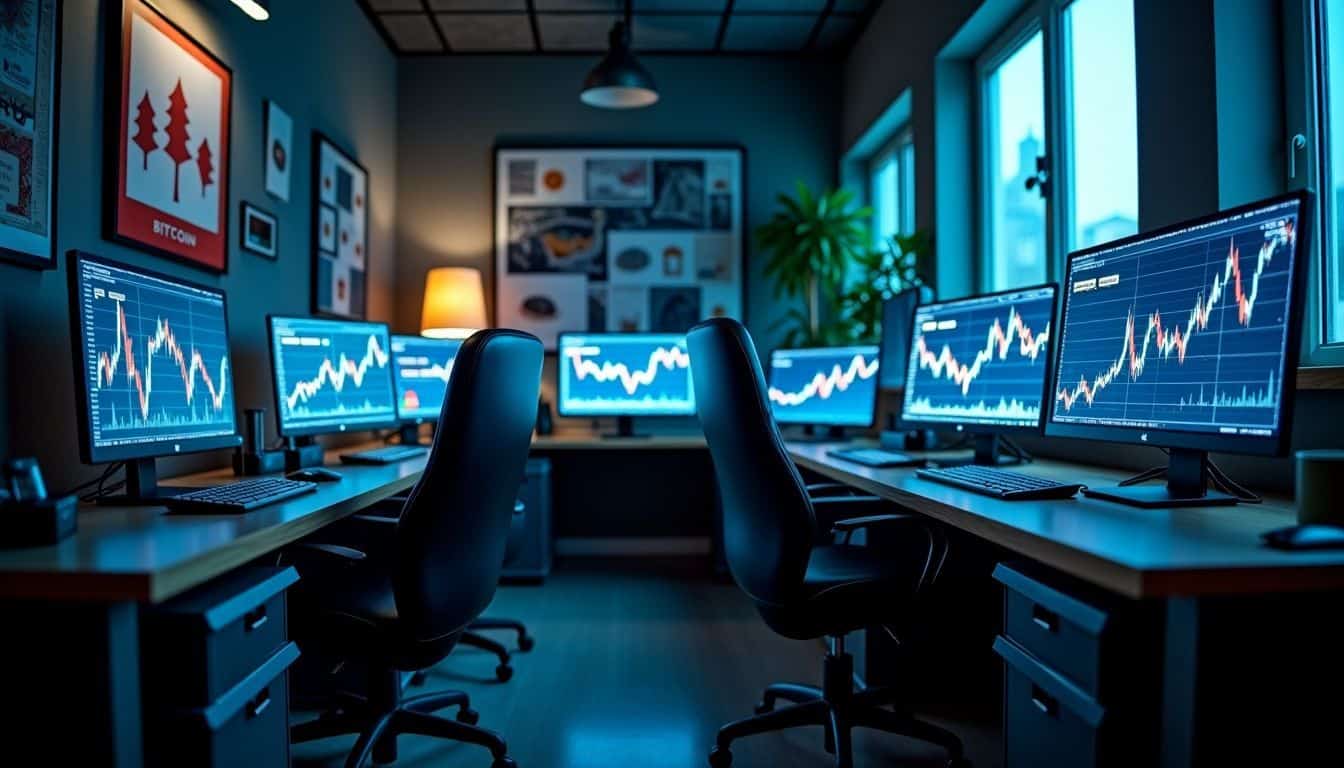 A modern office with multiple Bitcoin price charts and digital art.