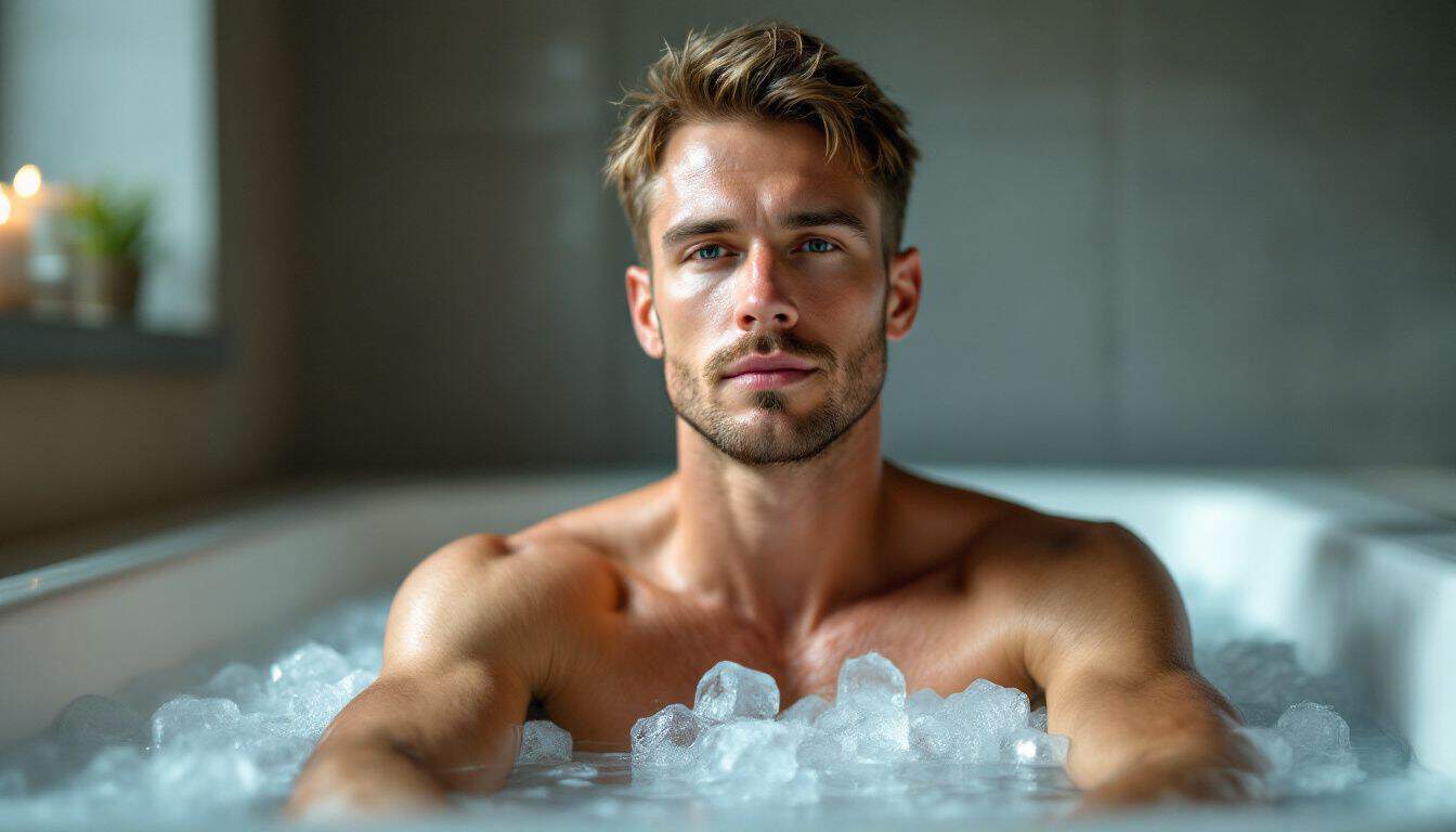 A determined man sits in an ice-filled bathtub, reflecting mental resilience. A determined man sits in an ice-filled bathtub, reflecting mental resilience.