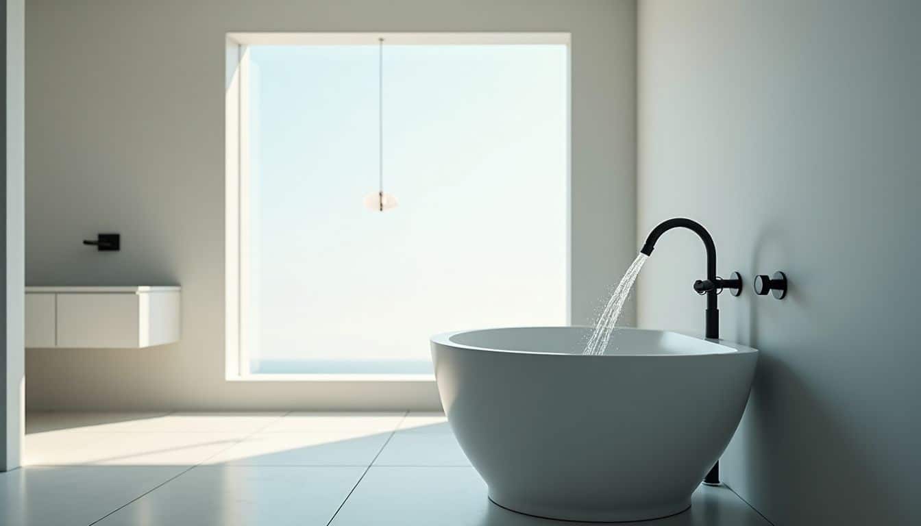 A modern plunge tub and shower system in a minimalist bathroom. A modern plunge tub and shower system in a minimalist bathroom.