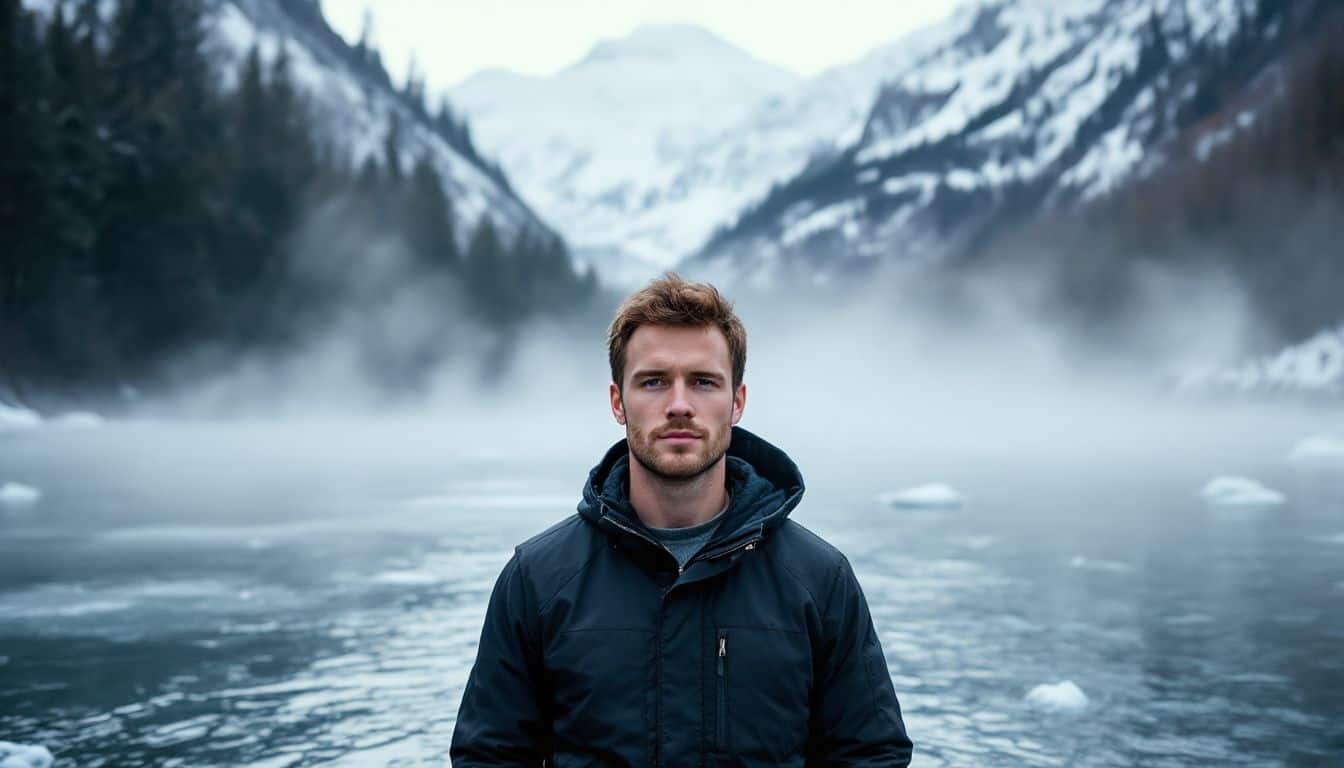 A man stands in an icy river surrounded by snow-covered mountains. A man stands in an icy river surrounded by snow-covered mountains.