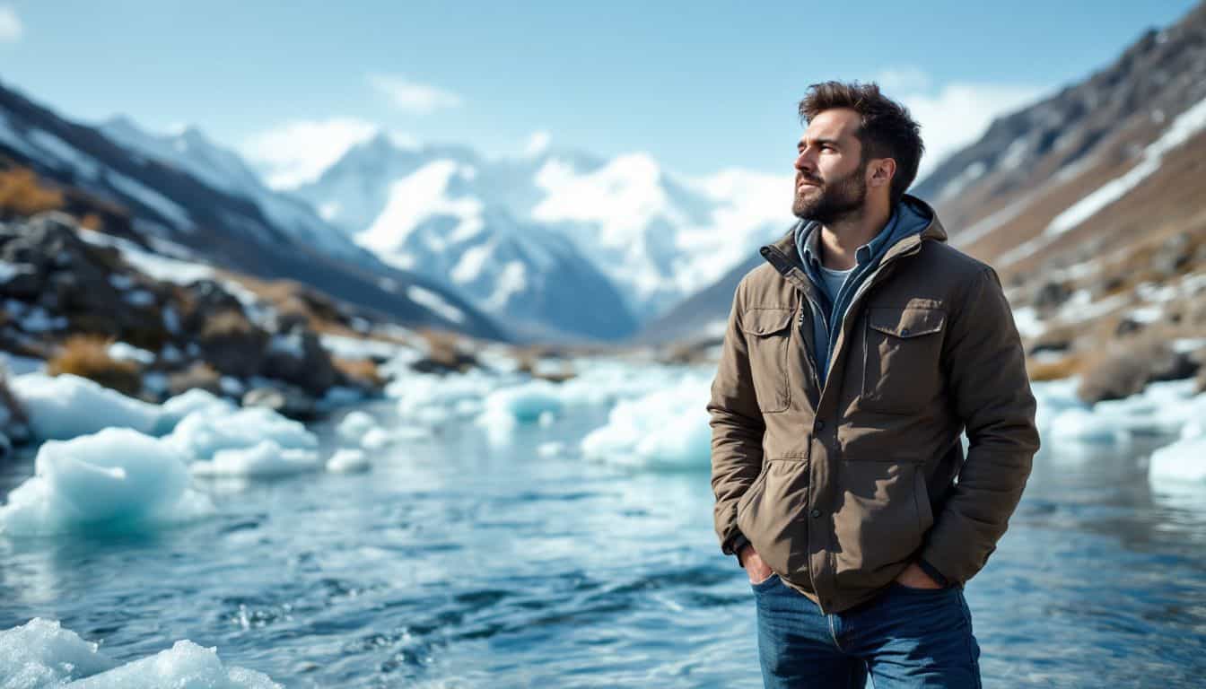 A man stands in a mountain stream, enjoying the peaceful scenery. A man stands in a mountain stream, enjoying the peaceful scenery.