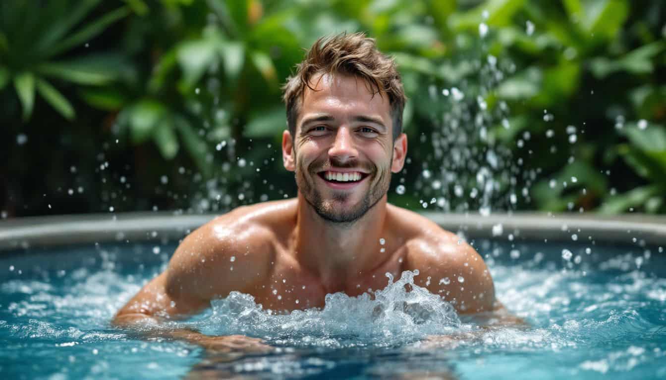 A man happily splashes in a cold plunge pool surrounded by lush green foliage. A man happily splashes in a cold plunge pool surrounded by lush green foliage.