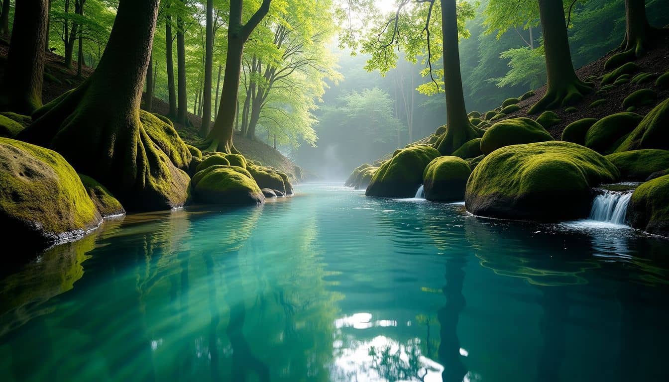 A serene forest scene with a cold plunge pool for athlete recovery. A serene forest scene with a cold plunge pool for athlete recovery.