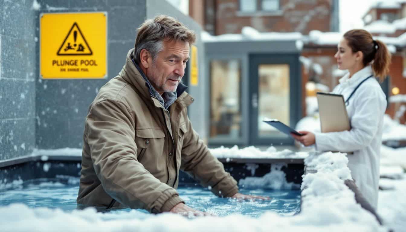 A mature adult cautiously approaches an icy plunge pool with a healthcare professional nearby. A mature adult cautiously approaches an icy plunge pool with a healthcare professional nearby.