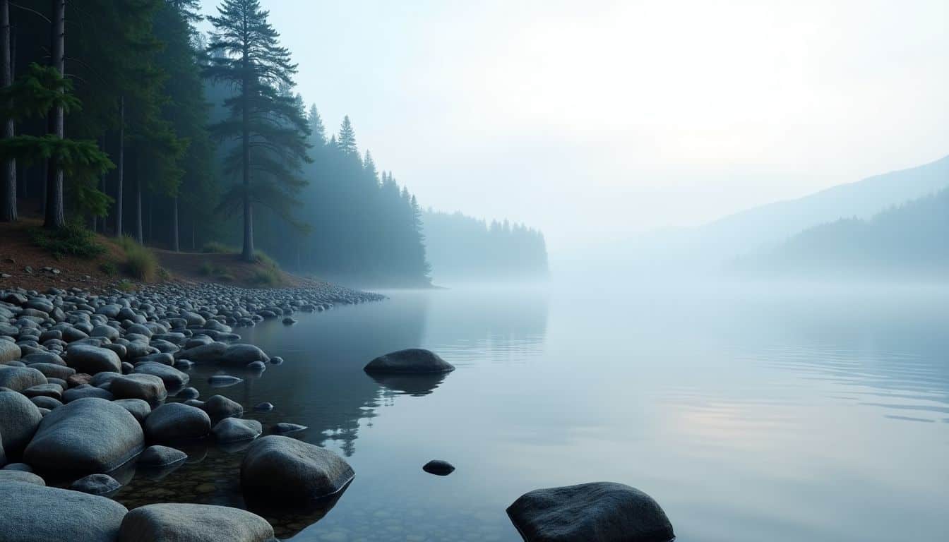 A tranquil lakeside scene with misty water and pine trees. A tranquil lakeside scene with misty water and pine trees.