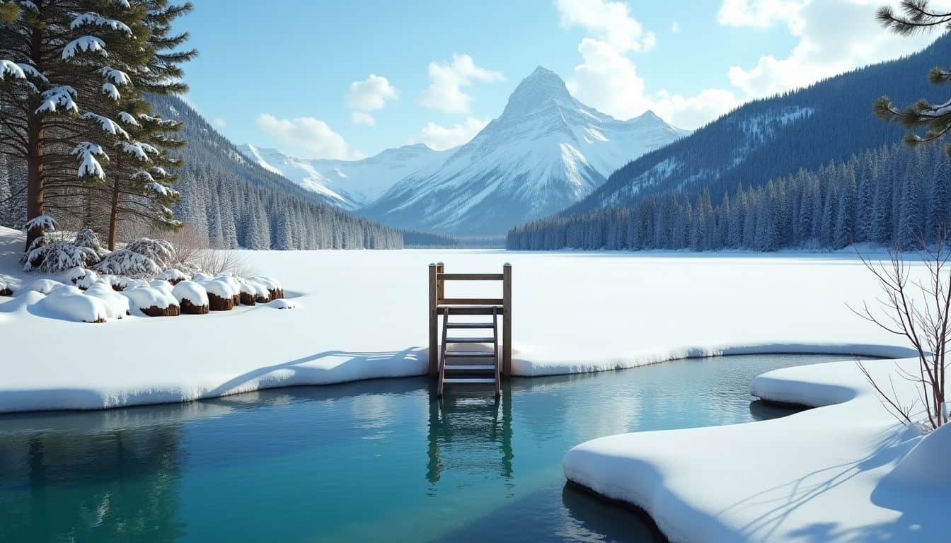 A frozen lake with a wooden ladder and snow-covered pine trees. A frozen lake with a wooden ladder and snow-covered pine trees.