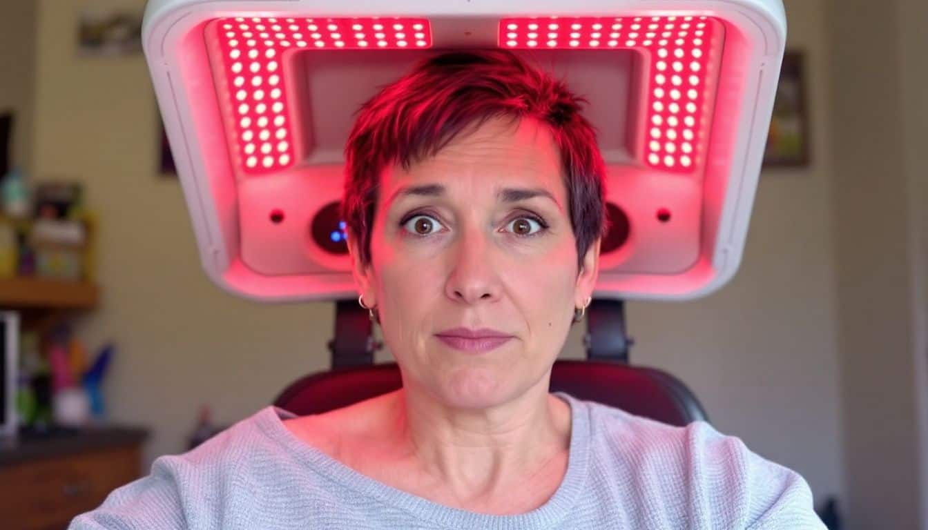 A person in their late 30s sits under a red light therapy device at home, looking skeptical. A person in their late 30s sits under a red light therapy device at home, looking skeptical.