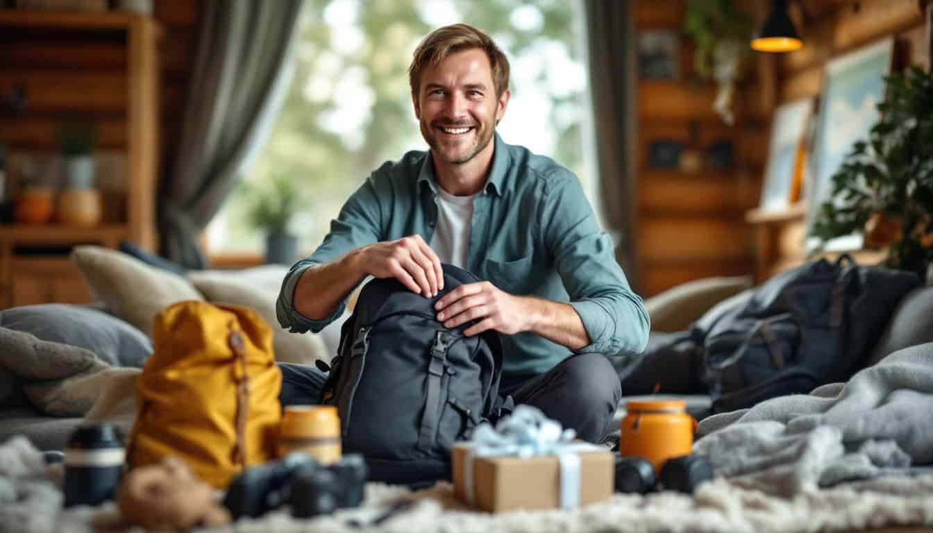 A man in his 40s unpacking a travel backpack in a cozy cabin. A man in his 40s unpacking a travel backpack in a cozy cabin.