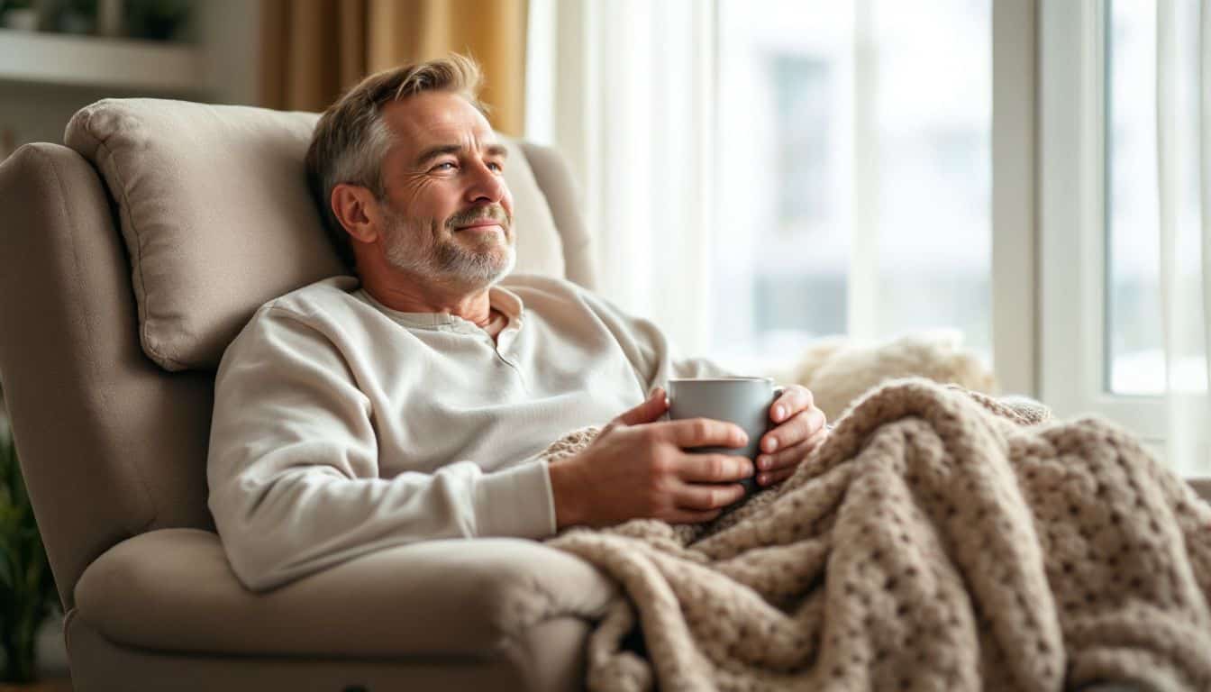 A man in a cozy chair, enjoying hot cocoa. A man in a cozy chair, enjoying hot cocoa.