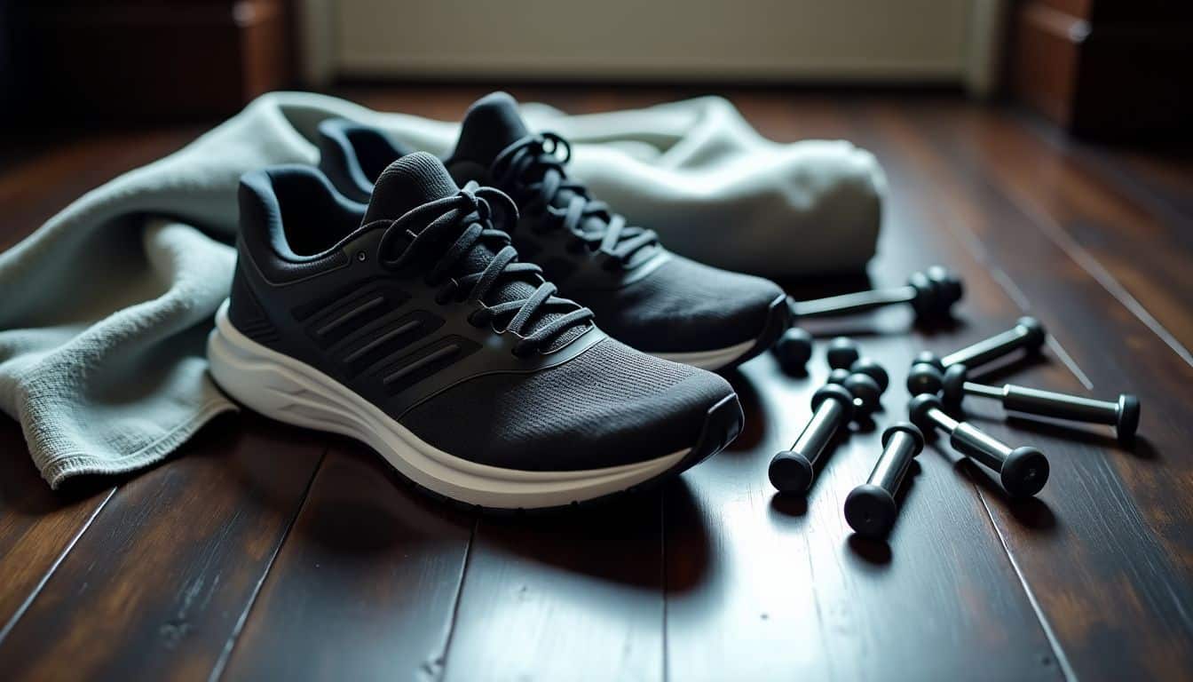 A pair of running shoes and muscle recovery tools on a floor. A pair of running shoes and muscle recovery tools on a floor.