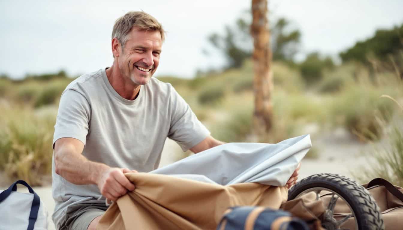 A man happily unboxing a rugged beach wagon with all-terrain wheels. A man happily unboxing a rugged beach wagon with all-terrain wheels.