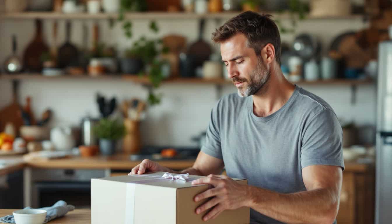 A man unwraps a pizza oven kit gift in a cozy kitchen. A man unwraps a pizza oven kit gift in a cozy kitchen.