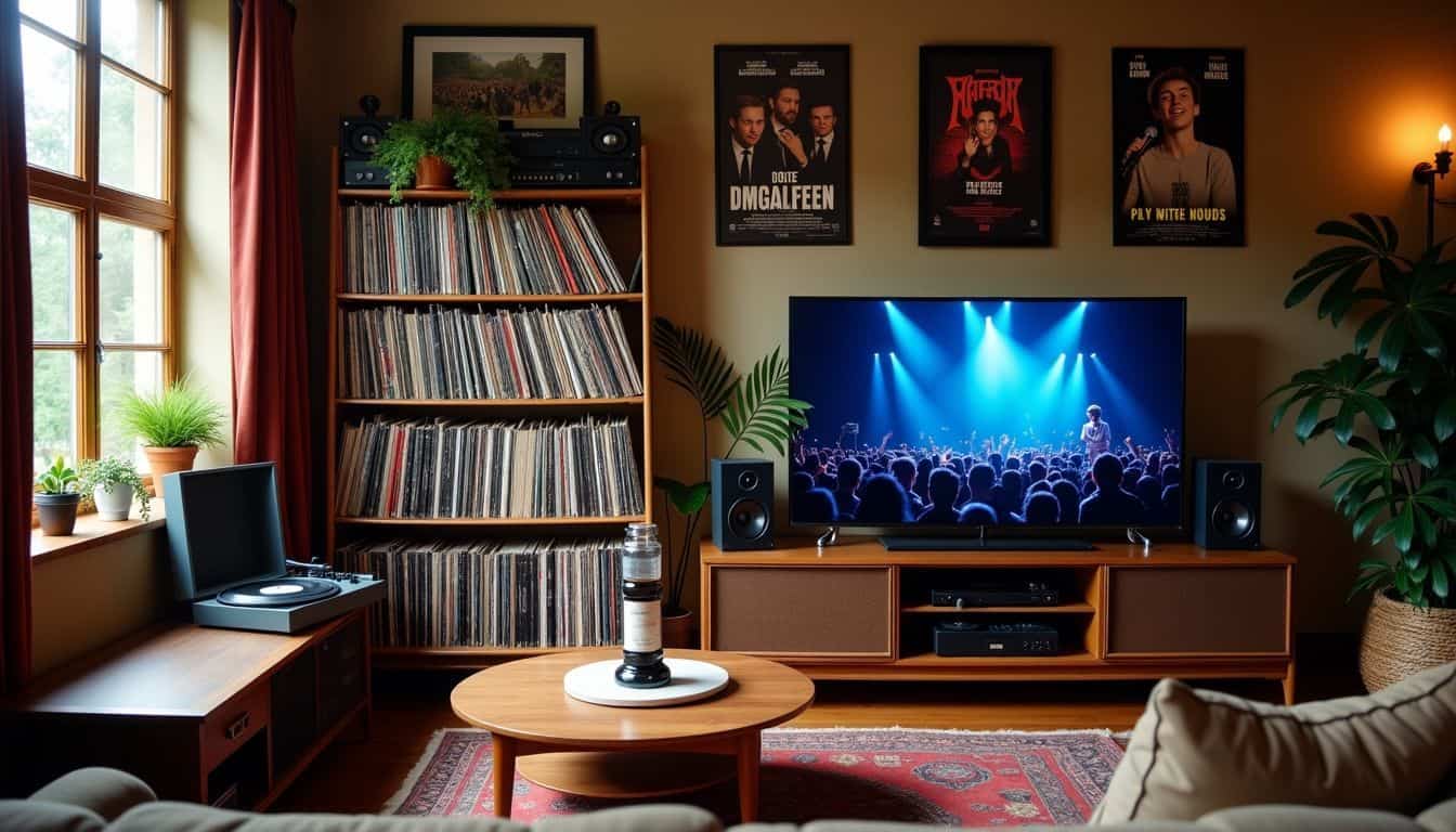 A cozy living room with vintage record player and shelves of vinyl records. A cozy living room with vintage record player and shelves of vinyl records.