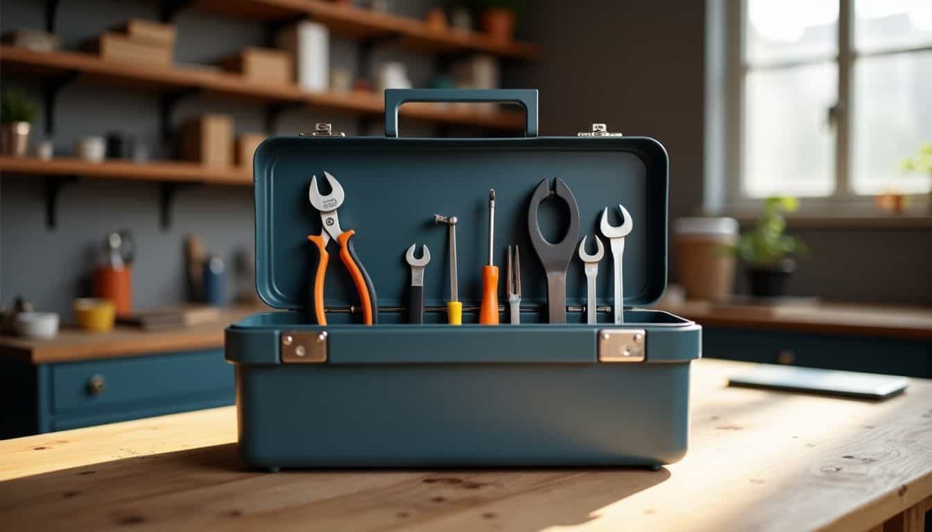 A modern, minimalist toolbox in a well-organized workshop. A modern, minimalist toolbox in a well-organized workshop.
