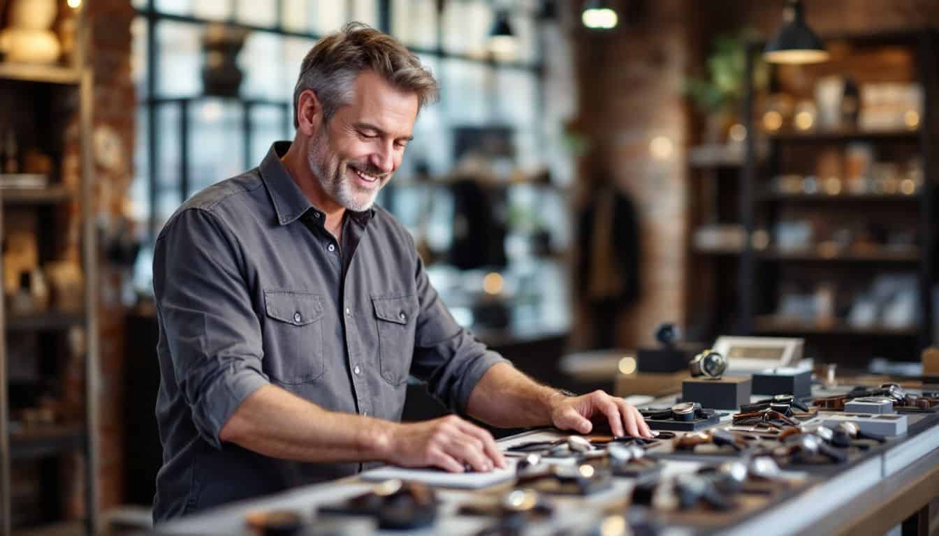 A middle-aged man browses through leather watches in a boutique. A middle-aged man browses through leather watches in a boutique.