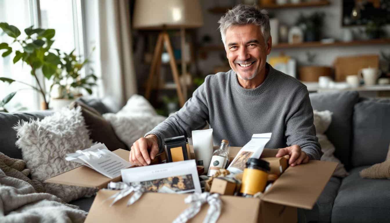 A middle-aged man happily unwrapping a box of unique subscription gifts. A middle-aged man happily unwrapping a box of unique subscription gifts.