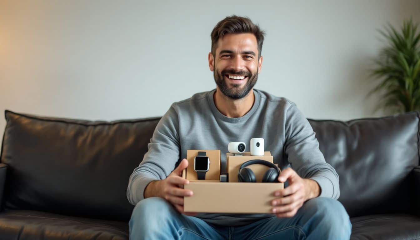 A modern dad excitedly unboxes smart tech gifts in his living room. A modern dad excitedly unboxes smart tech gifts in his living room.