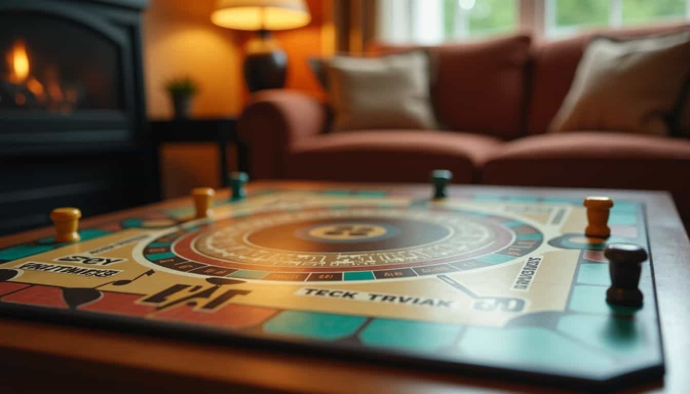 A tabletop game centered on dad jokes and music trivia in a cozy living room setting. A tabletop game centered on dad jokes and music trivia in a cozy living room setting.