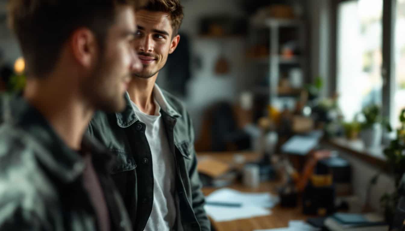 A young man observes a confident coworker with admiration and curiosity. A young man observes a confident coworker with admiration and curiosity.