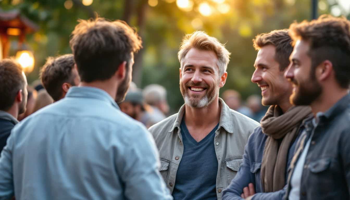 A group of men having a casual outdoor social gathering. A group of men having a casual outdoor social gathering.