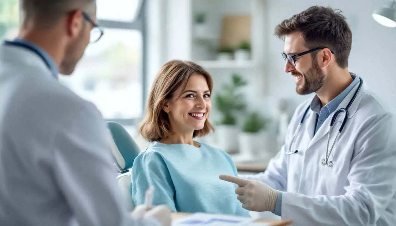 A woman receives a dental exam and discusses dental implant costs. A woman receives a dental exam and discusses dental implant costs.