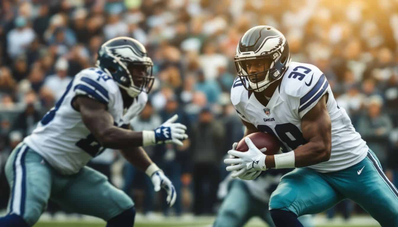 Intense football game between Cowboys and Eagles with engaged spectators.